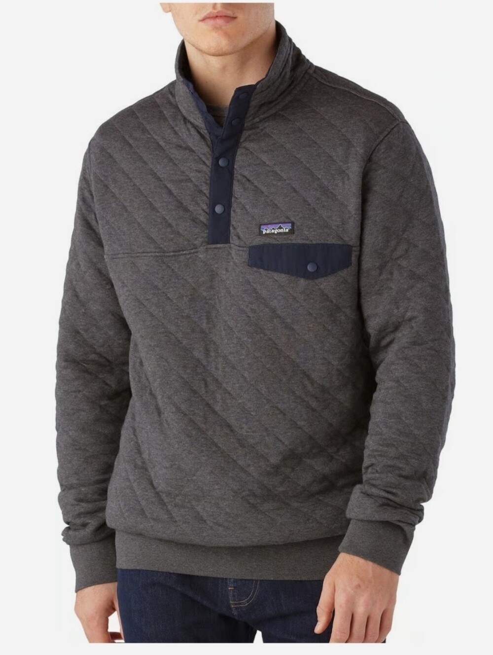 Patagonia Organic Cotton Quilt Diamond Pattern Snap-T Pullover Dark Gray M Spots